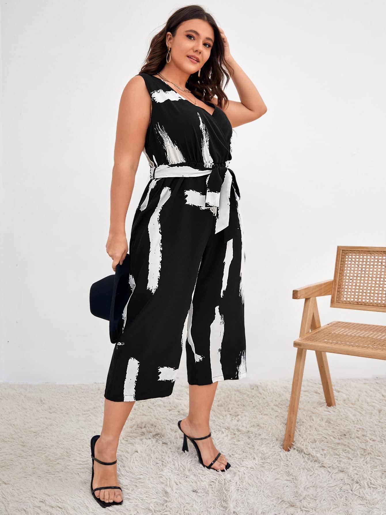 WDIRARA Women's Plus Size Brush Print Wrap V Neck Sleeveless Tie Tank Jumpsuit Black White 3XL - Bona Fide Fashion