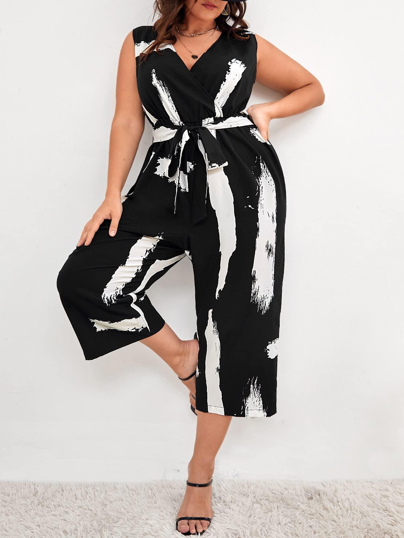 WDIRARA Women's Plus Size Brush Print Wrap V Neck Sleeveless Tie Tank Jumpsuit Black White 3XL - Bona Fide Fashion