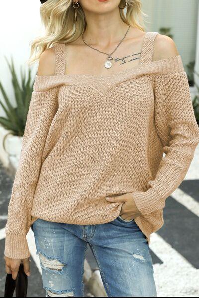 Wide Strap Cold Shoulder Pullover Sweater - Bona Fide Fashion
