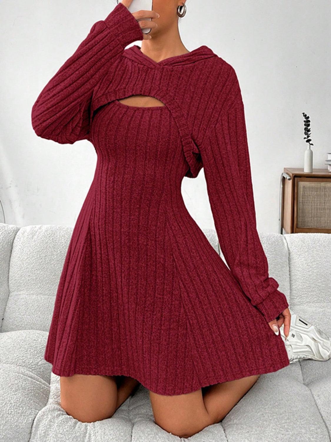 Wide Strap Dress and Long Sleeve Hooded Top Set - Bona Fide Fashion