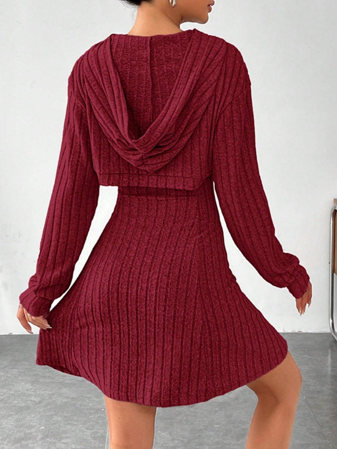 Wide Strap Dress and Long Sleeve Hooded Top Set - Bona Fide Fashion