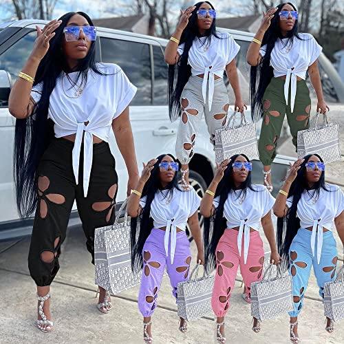 Women 2 Piece Outfits Summer Casual Short Sleeve Crop Top Hollowed Out Sweatpants Fashion Tracksuit Green - Bona Fide Fashion