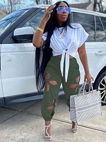 Women 2 Piece Outfits Summer Casual Short Sleeve Crop Top Hollowed Out Sweatpants Fashion Tracksuit Green - Bona Fide Fashion