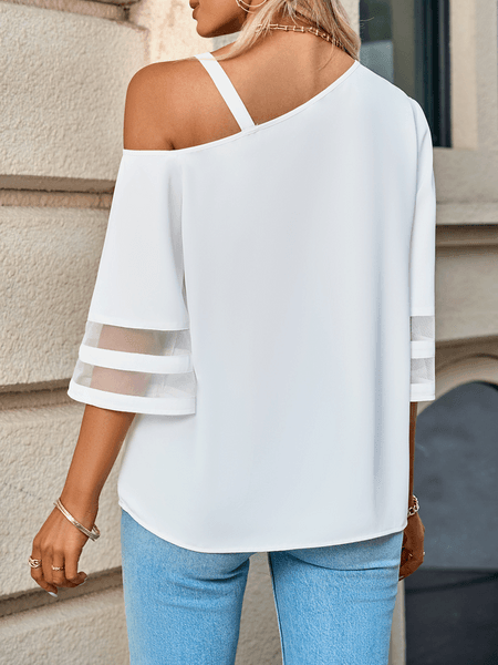 Women's Casual Top Solid Color Metal Buckle Strap Mesh Bell Sleeve One Shoulder Top HFBCTPSKC4 - Bona Fide Fashion