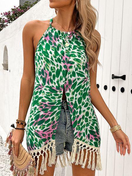 Women's Floral Print Halter Neck Front Split Tassel Trim Top HULXPD4E5P - Bona Fide Fashion