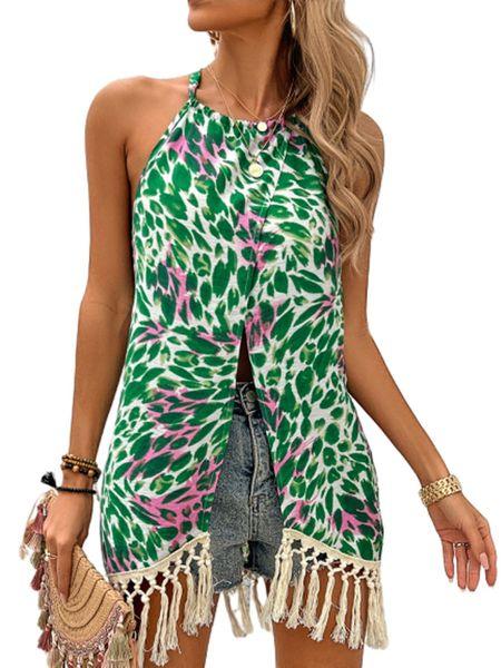 Women's Floral Print Halter Neck Front Split Tassel Trim Top HULXPD4E5P - Bona Fide Fashion