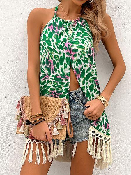 Women's Floral Print Halter Neck Front Split Tassel Trim Top HULXPD4E5P - Bona Fide Fashion