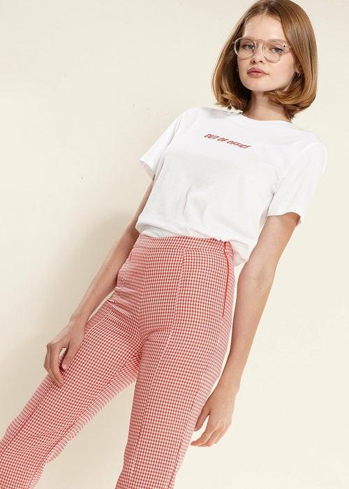 Women's Fringe Trim Slit Hem Gingham Pants in Red Gingham - Bona Fide Fashion