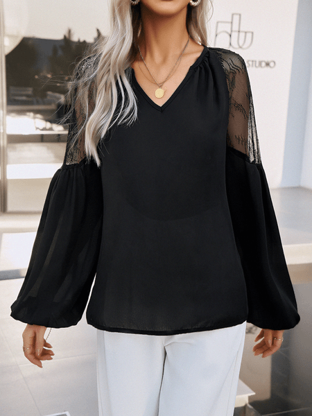 Women's Lace Trim Long Sleeve Top V Neck Shirt HTL6E3TMP7 - Bona Fide Fashion