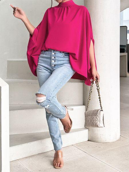 Women's Oversize Smock Neck Knot Back Batwing Sleeve Blouse Shirt Top HY69E4ZBQD - Bona Fide Fashion