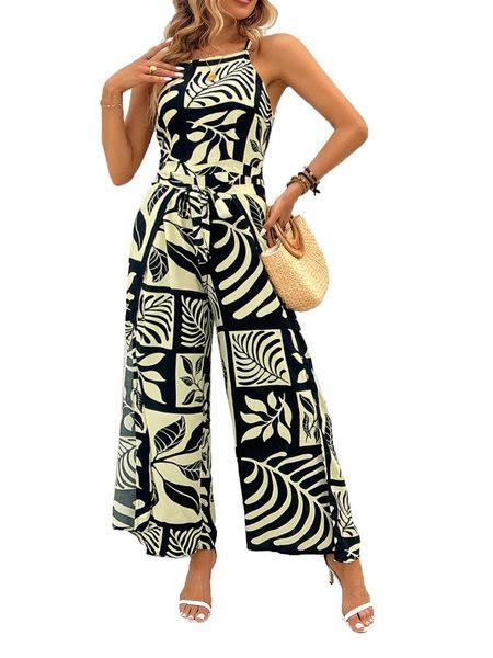 Women's Printed Tie Back Jumpsuits Sleeveless Tie Waist Jumpsuits Wide-Leg Jumpsuits with Slit H8ZF4E3SHZ - Bona Fide Fashion