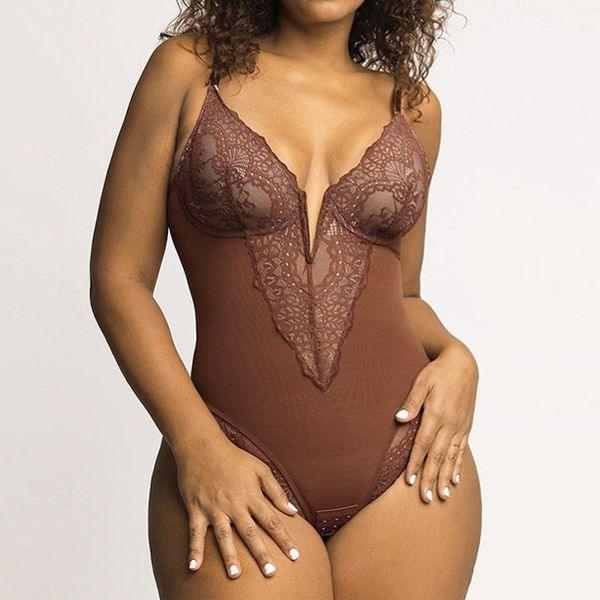 Women's Sexy Lace Bodysuit Tummy Control Deep V Neck Adjustable Strap Butt Lifter Body Shaper HW53ZLK4YH - Bona Fide Fashion