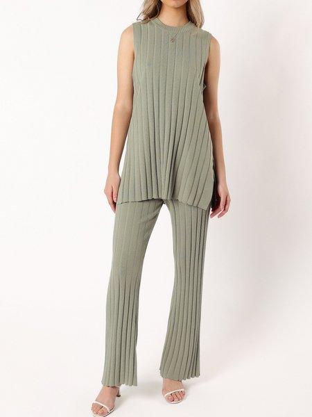 Women's Solid Knit Two Piece Matching Set Crew Neck Slit Hem Vest And Pants HTLPSYVWK6 - Bona Fide Fashion