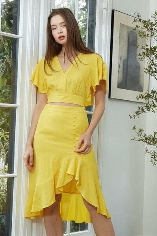 Women's Tie Waist Cape Sleeve Cropped Blouse in Yellow - Bona Fide Fashion