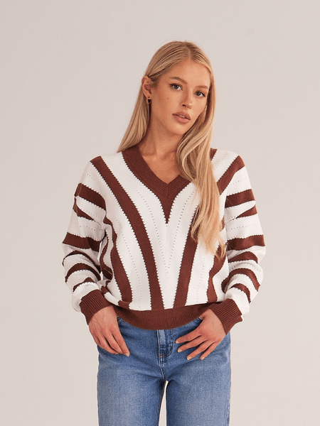 Women's V Neck Stripe Pullover Knitted Sweater H4UAZB7XFQ - Bona Fide Fashion