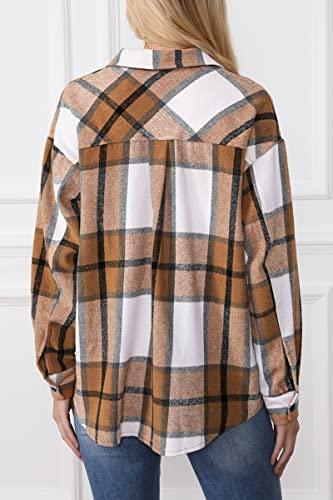 Womens Shacket Jackets Long Sleeve Plaid Wool Blend Button Down Tops Shirt Fall Winter Jacket Shackets - Bona Fide Fashion