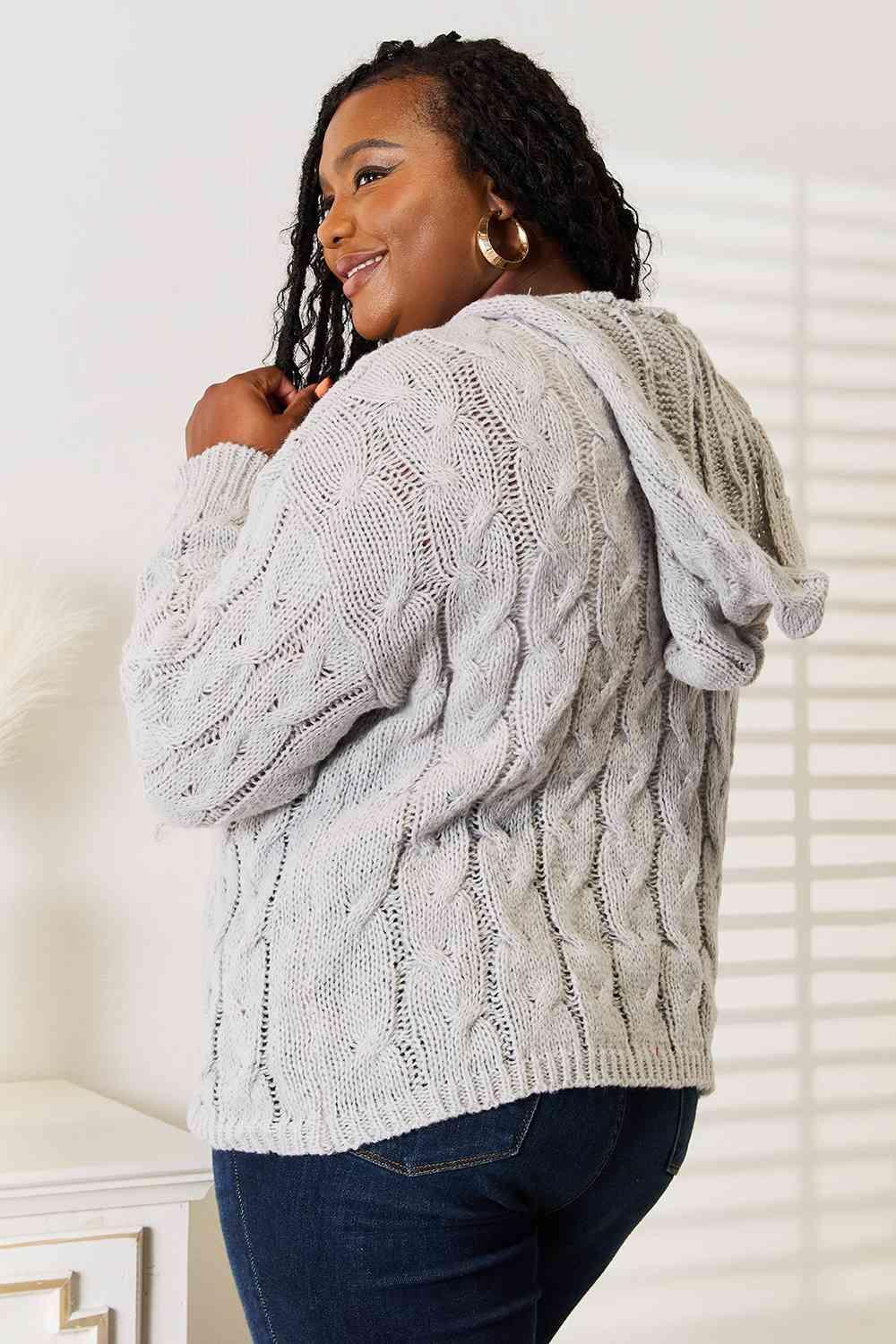 Woven Right Cable-Knit Hooded Sweater - Bona Fide Fashion