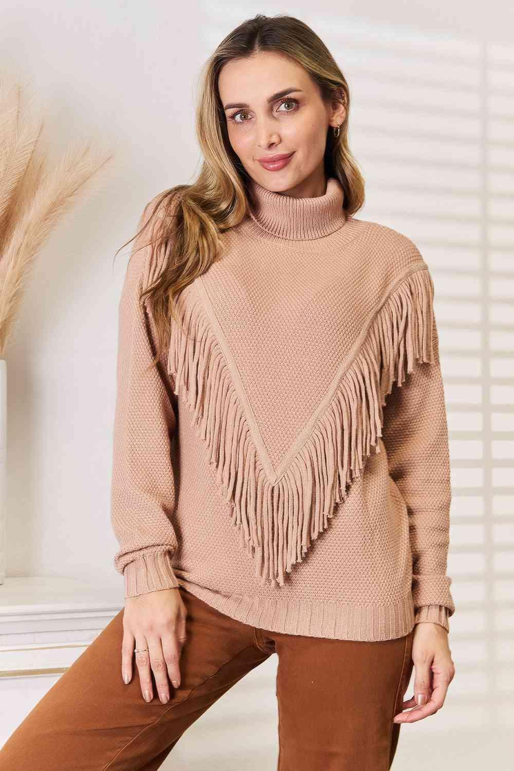 Woven Right Turtleneck Fringe Front Long Sleeve Sweater - Bona Fide Fashion