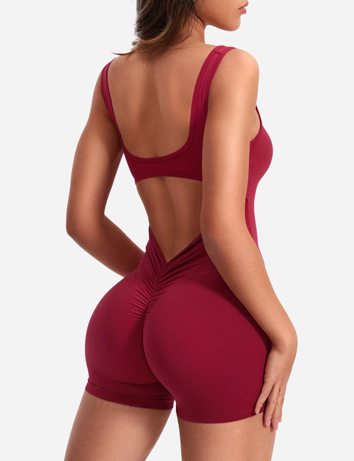 YEOREO One Piece Jumpsuits for Women Sleeveless Backless Workout Jumpsuits Bodycon Scrunch Butt V Back Gym Rompers Wine Red M - Bona Fide Fashion
