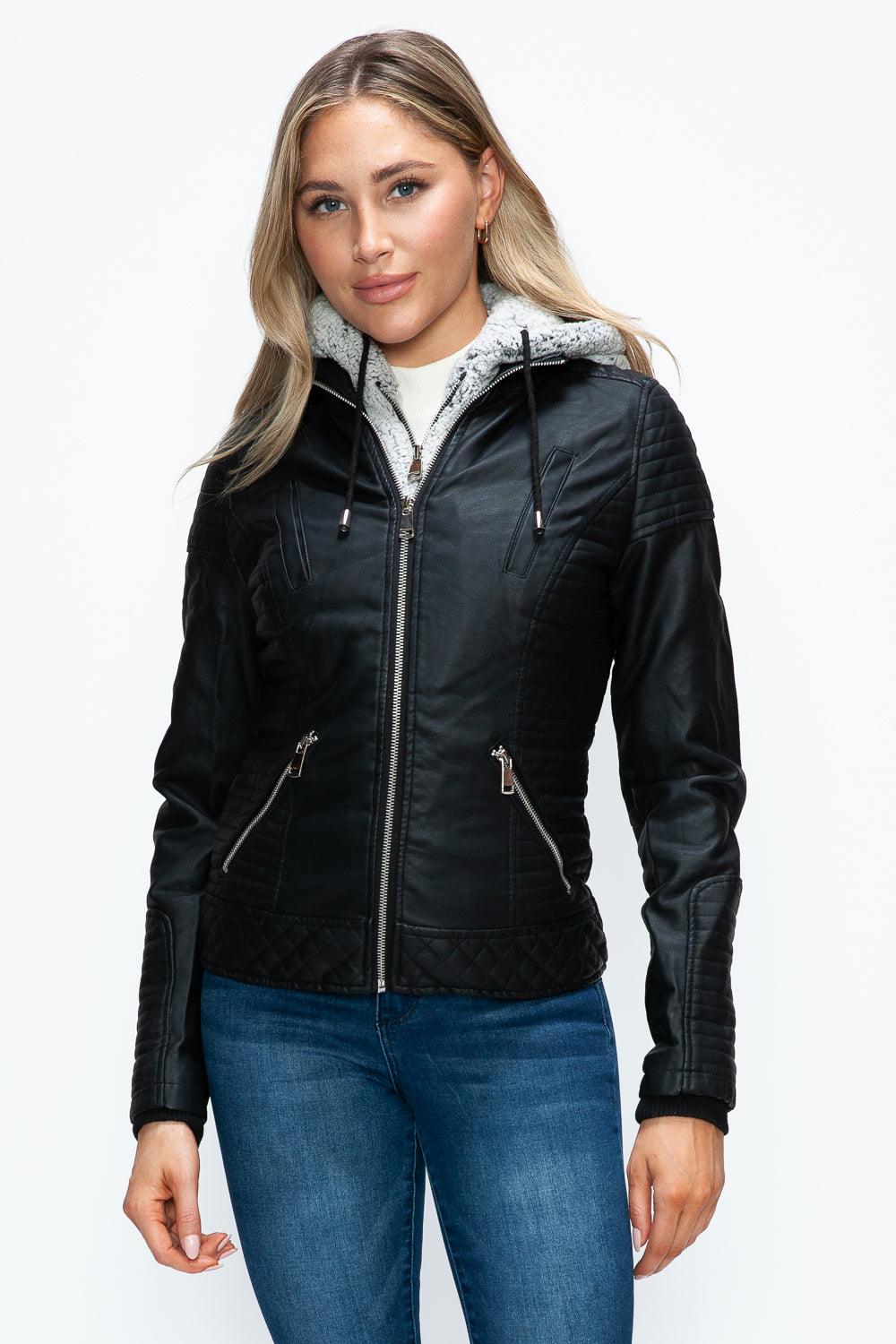 YMI Faux Layered Double-Zipper Jacket with Fuzzy Hood - Bona Fide Fashion