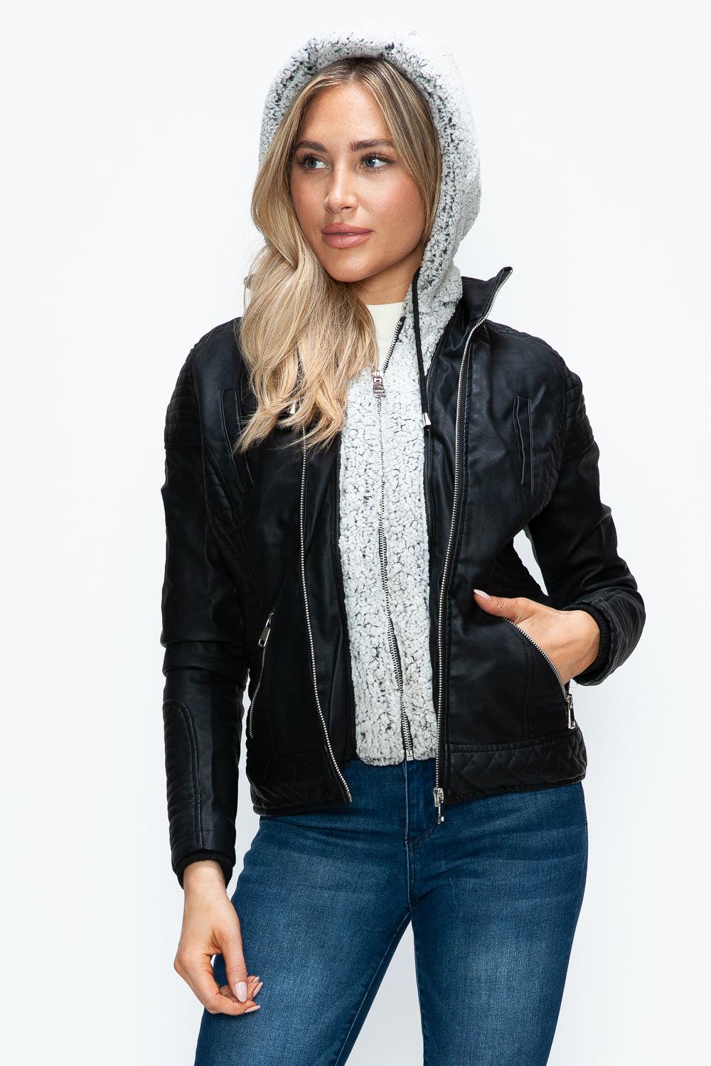 YMI Faux Layered Double-Zipper Jacket with Fuzzy Hood - Bona Fide Fashion