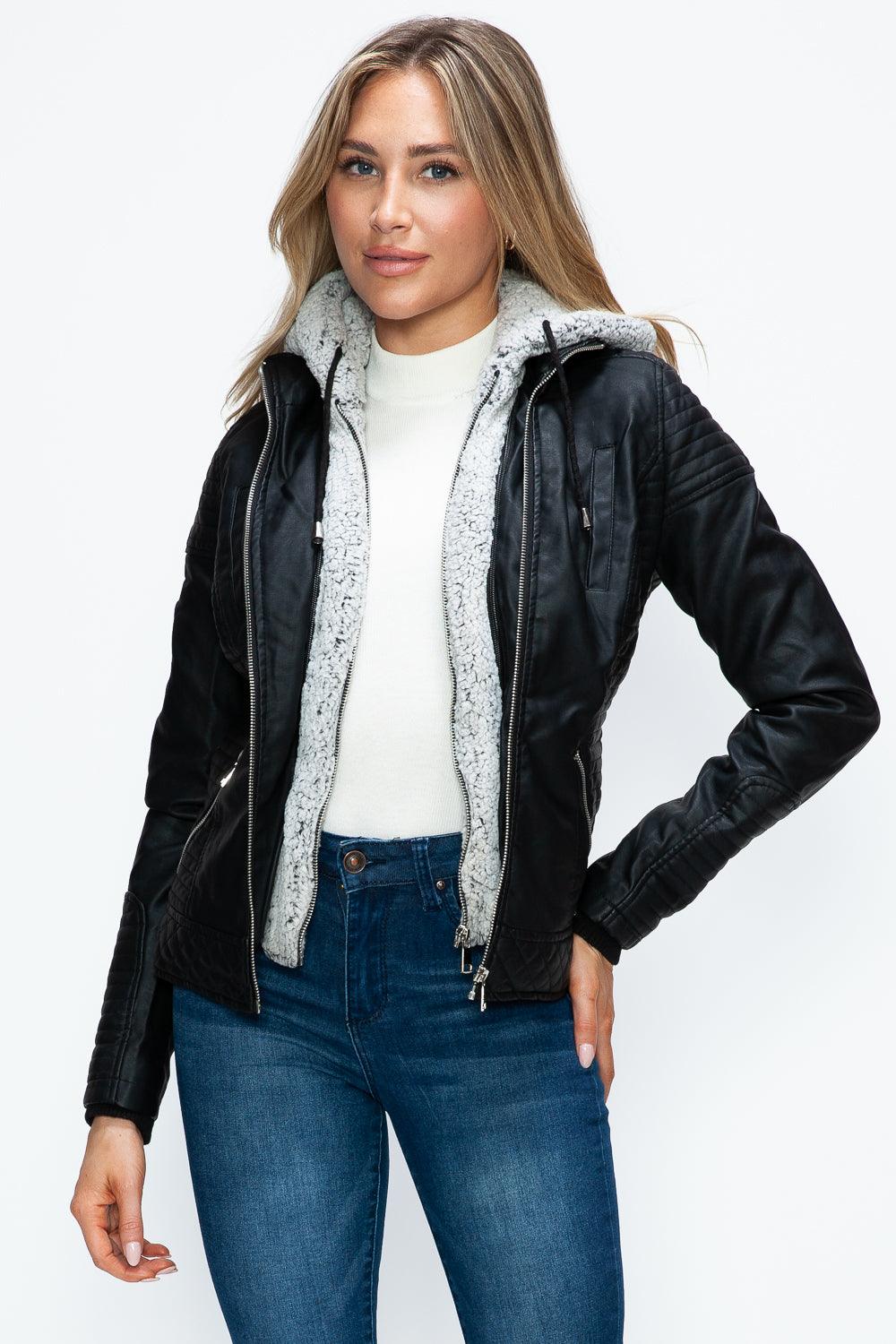 YMI Faux Layered Double-Zipper Jacket with Fuzzy Hood - Bona Fide Fashion