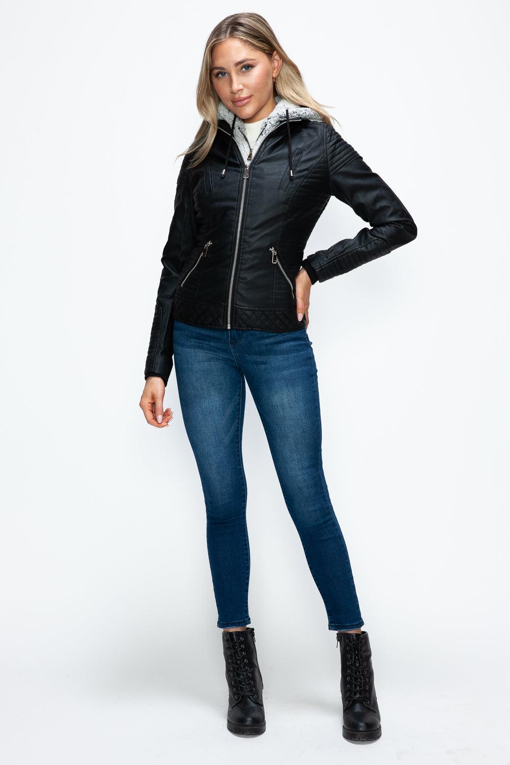 YMI Faux Layered Double-Zipper Jacket with Fuzzy Hood - Bona Fide Fashion