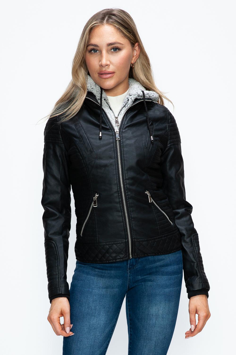 YMI Faux Layered Double-Zipper Jacket with Fuzzy Hood - Bona Fide Fashion