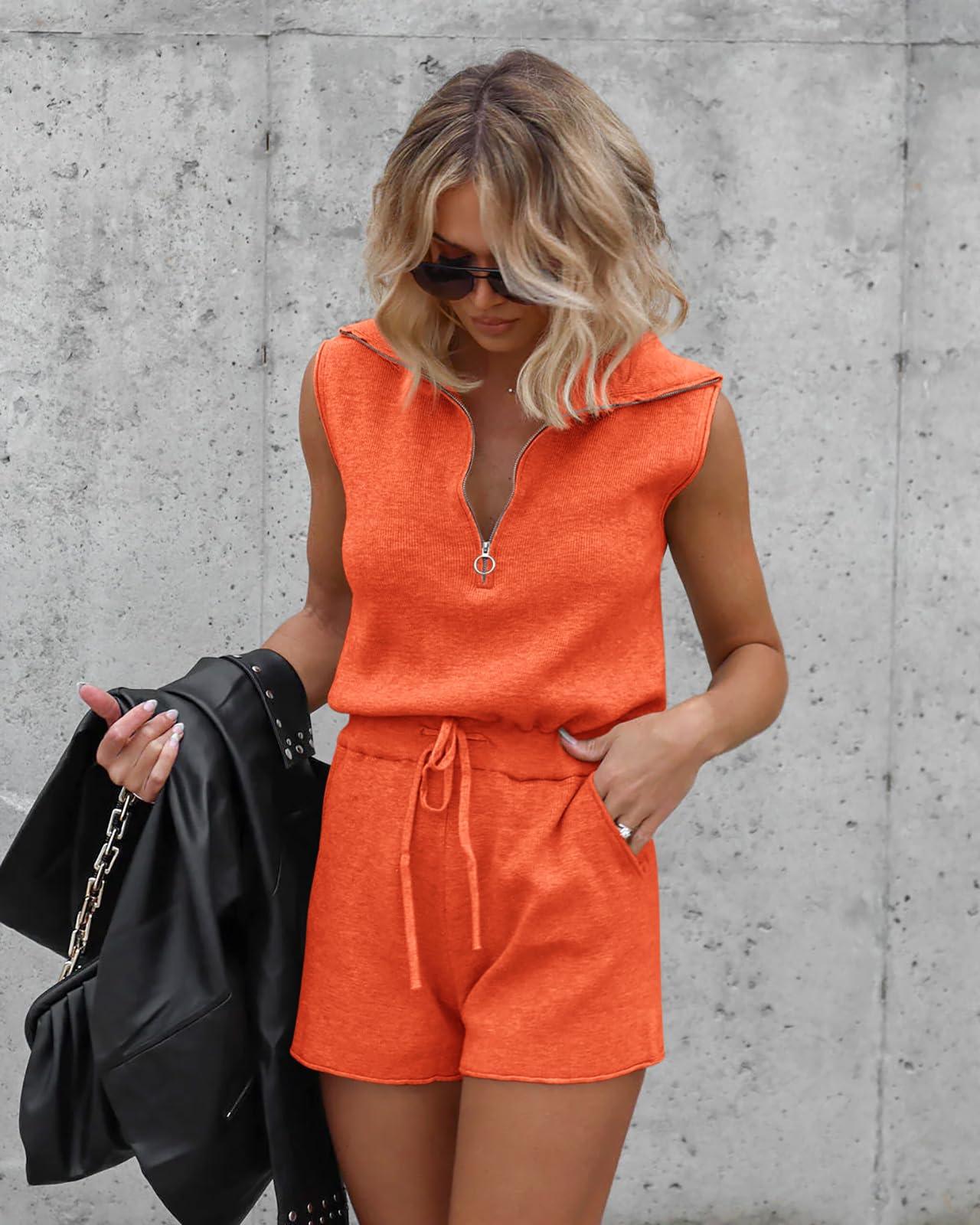 Yousify Women's Casual Sleeveless Short Rompers Summer Half Zip Lapel Collar Drawstring Knit One Piece Jumpsuit with Pockets - Bona Fide Fashion