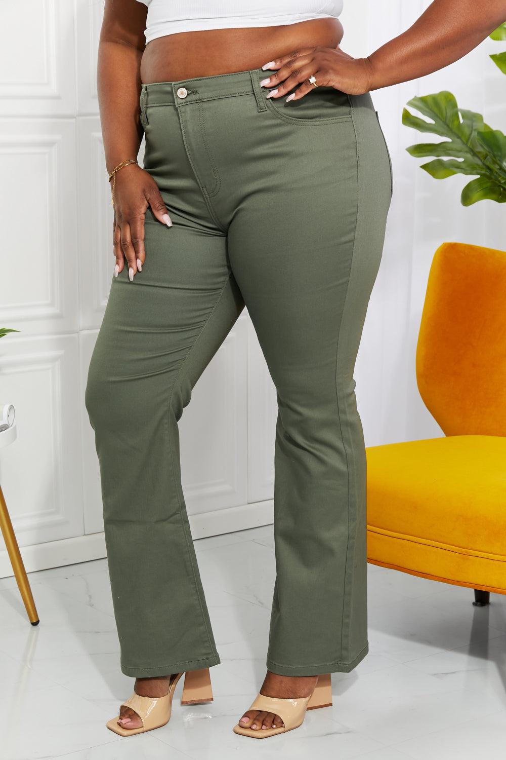 Zenana Clementine Full Size High-Rise Bootcut Jeans in Olive - Bona Fide Fashion