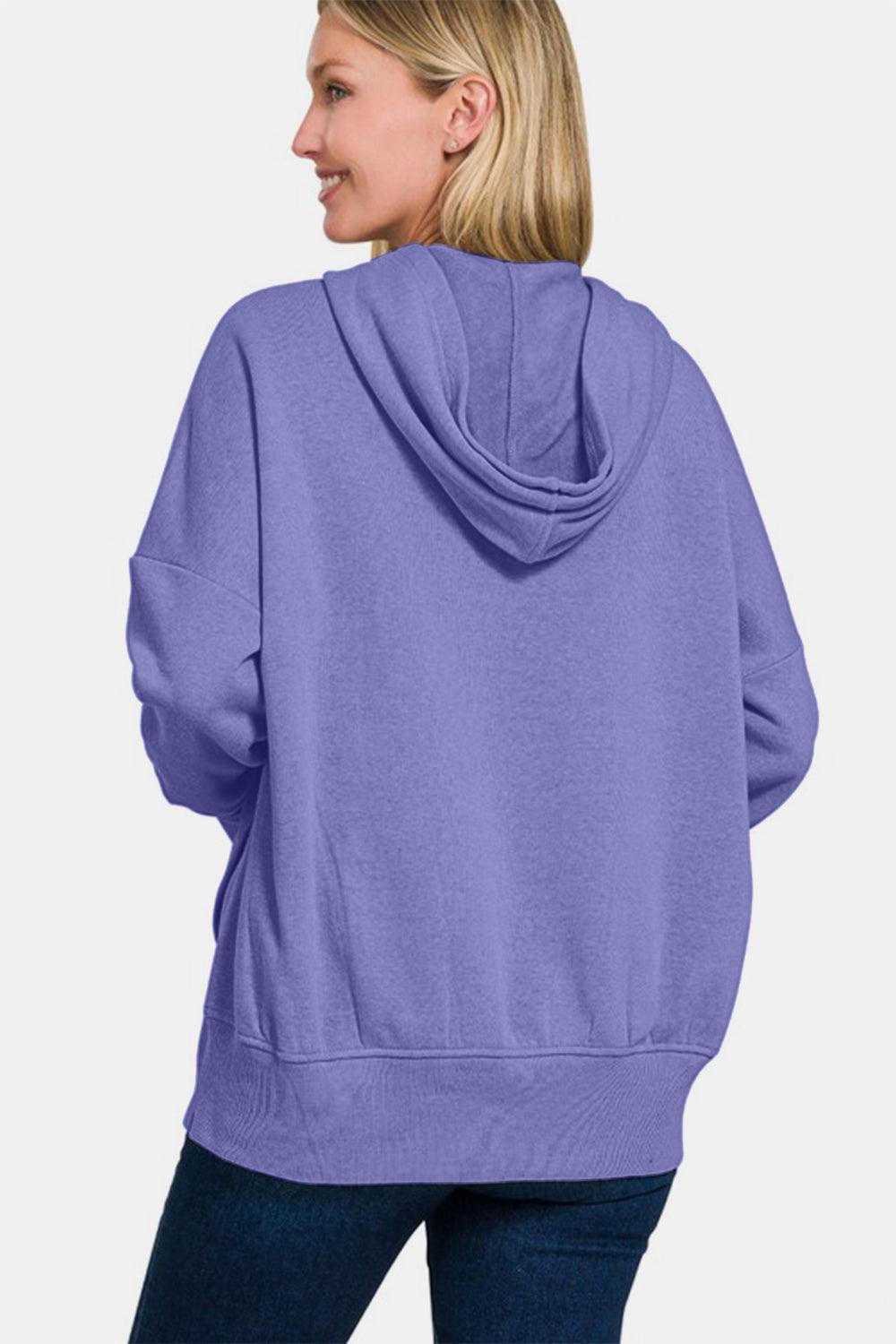 Zenana Half Snap Long Sleeve Hoodie with Kangaroo Pocket - Bona Fide Fashion