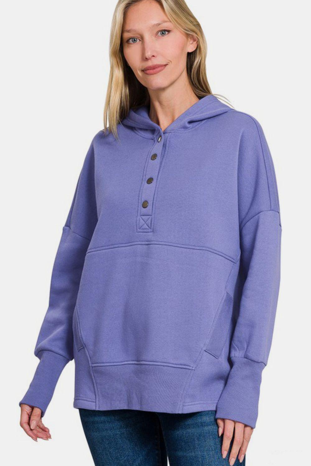 Zenana Half Snap Long Sleeve Hoodie with Kangaroo Pocket - Bona Fide Fashion