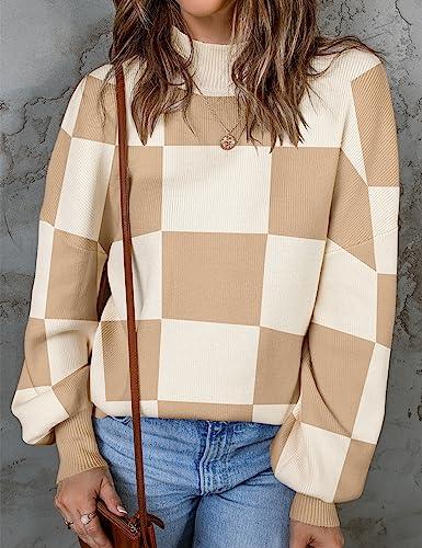ZESICA Women's 2023 Fall Fashion Turtleneck Long Sleeve Striped Ribbed Knit Loose Pullover Sweater Tops,KhakiPlaid,Small - Bona Fide Fashion