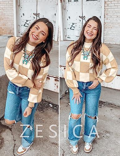 ZESICA Women's 2023 Fall Fashion Turtleneck Long Sleeve Striped Ribbed Knit Loose Pullover Sweater Tops,KhakiPlaid,Small - Bona Fide Fashion