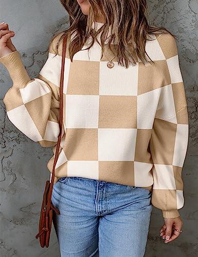 ZESICA Women's 2023 Fall Fashion Turtleneck Long Sleeve Striped Ribbed Knit Loose Pullover Sweater Tops,KhakiPlaid,Small - Bona Fide Fashion