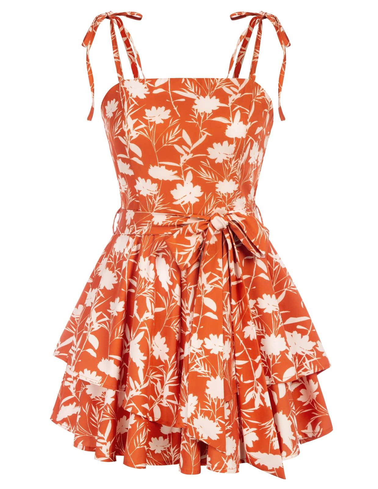 Zexxxy Floral Romper for Women Summer Spaghetti Strap Ruffle Short Jumpsuits Orange Floral M - Bona Fide Fashion