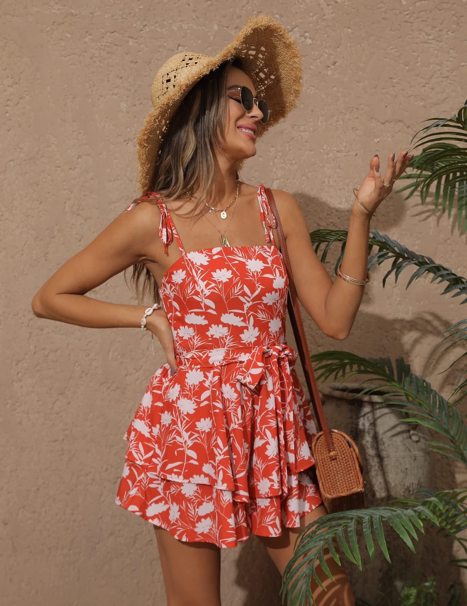 Zexxxy Floral Romper for Women Summer Spaghetti Strap Ruffle Short Jumpsuits Orange Floral M - Bona Fide Fashion