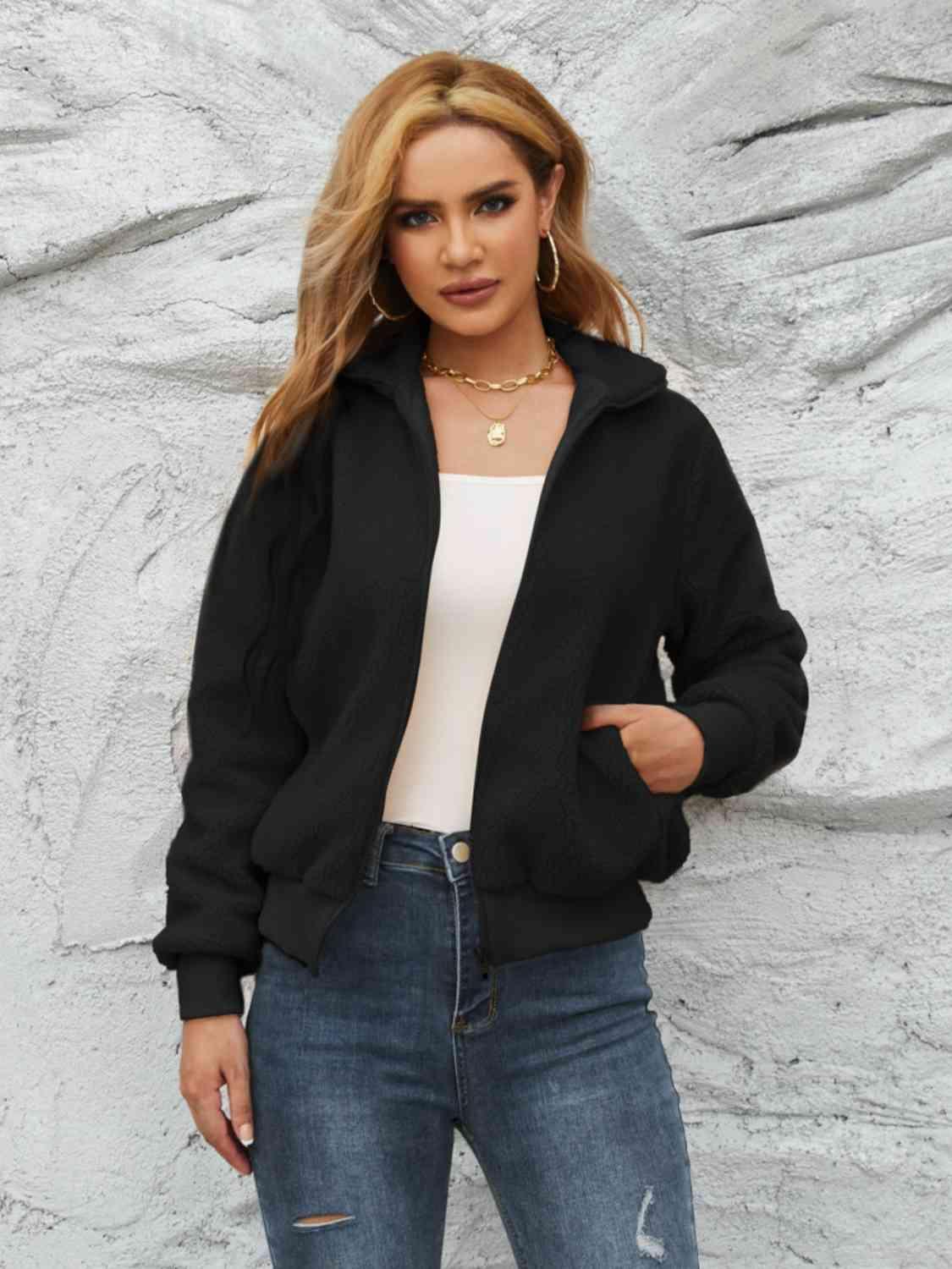 Zip Up Collared Neck Long Sleeve Jacket - Bona Fide Fashion