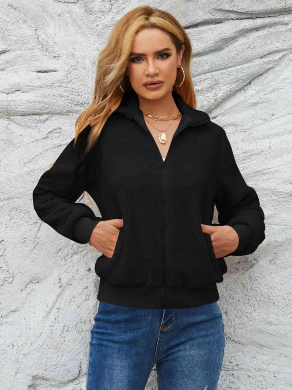 Zip Up Collared Neck Long Sleeve Jacket - Bona Fide Fashion