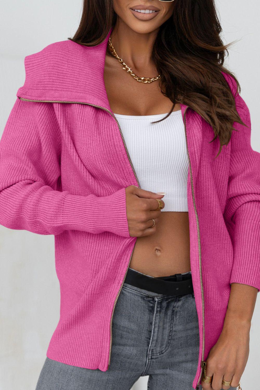 Zip Up Long Sleeve Cardigan - Bona Fide Fashion