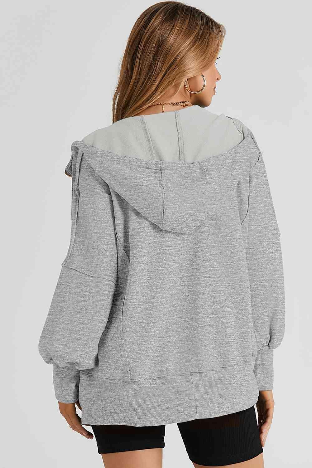 Zip Up Long Sleeve Drawstring Hoodie - Bona Fide Fashion